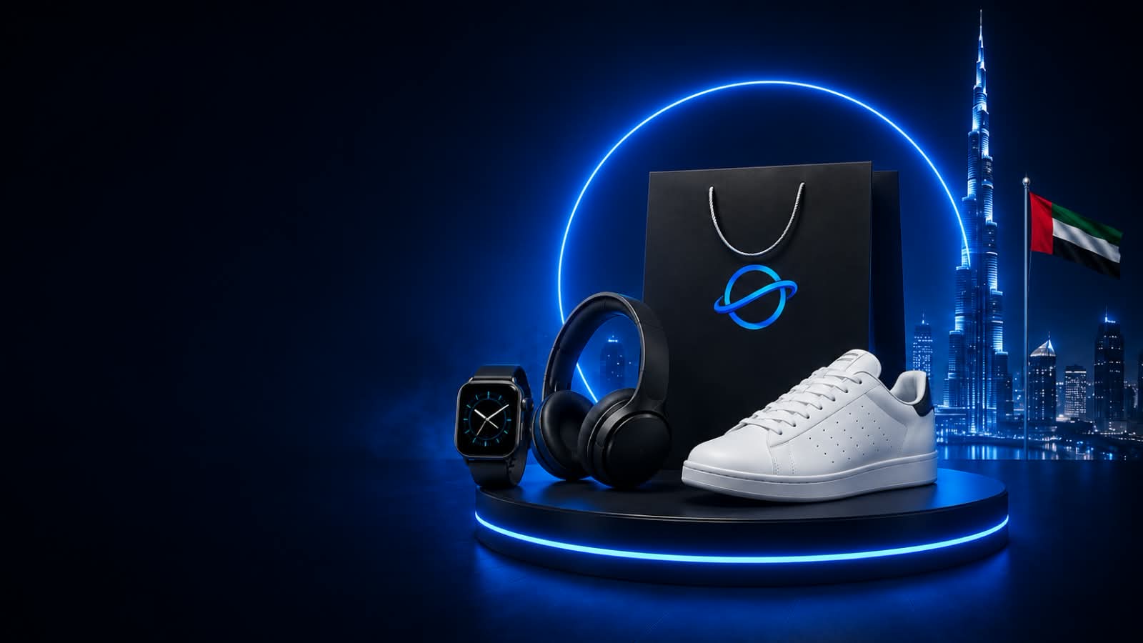 TrendSphere UAE - smart watch, wireless headphones and sneakers on a neon podium with the Dubai skyline and UAE flag